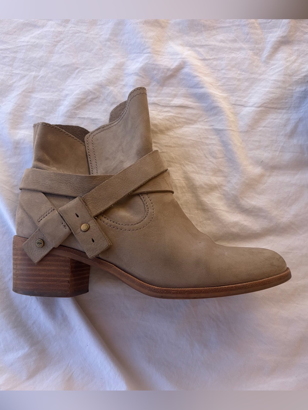 UGG Taupe Suede Ankle Boot with Wrap Strap